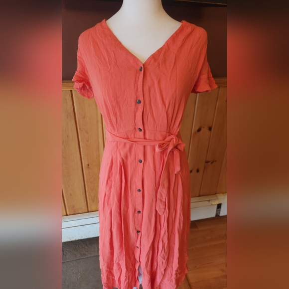 Loft V Neck Midi Shirt Dress Coral Button Down Sundress Size 0 - Picture 5 of 13